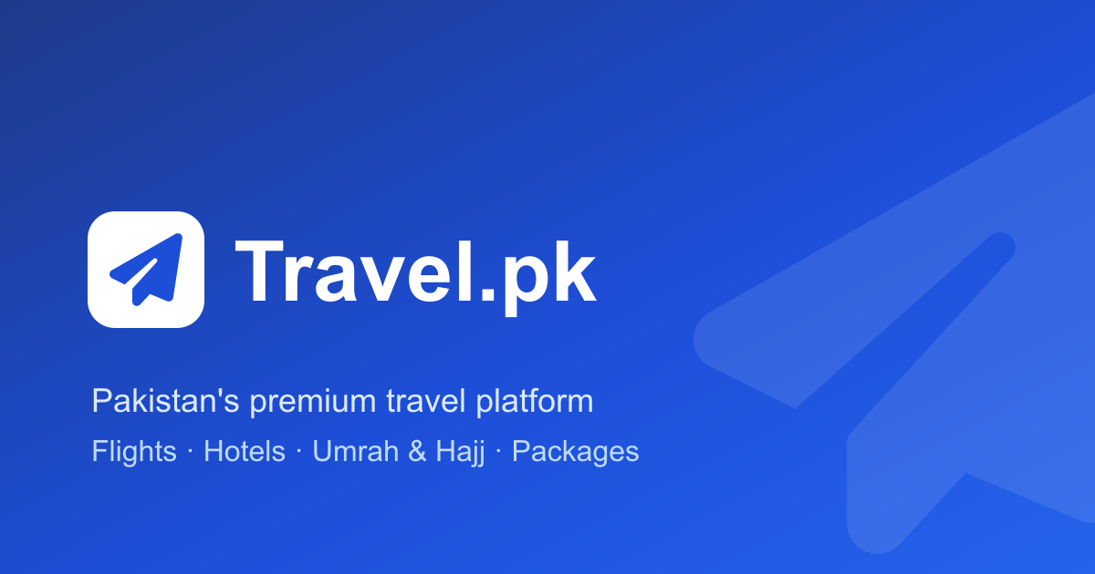Official Travel.pk platform graphic for flights hotels Umrah Hajj and packages